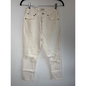 AGOLDE Riley High Rise Straight Crop Jeans Veil Off White Distressed Size 24